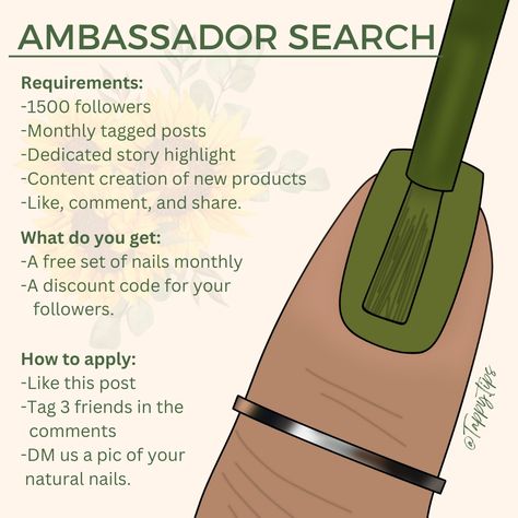 🌻 AMBASSADOR SEARCH 🌻 For our 2nd year in business, we're taking on a 2nd ambassador! 💛 We're looking for someone who: - Has 1500+ followers - Will tag us in a monthly post featuring our nails - Will dedicate a story highlight to their Tappy Tips nails - Helps us create content when we launch new products (eg: cuticle oils, etc) - Will engage with our posts by liking, commenting, and sharing regularly. In exchange for this, we are offering: - A free set of nails every month - A discount... Nail Ambassador Post, Hamilton Nails, Tips Nails, 2nd Year, Create Content, Cuticle Oil, Looking For Someone, Story Highlights, Us Nails