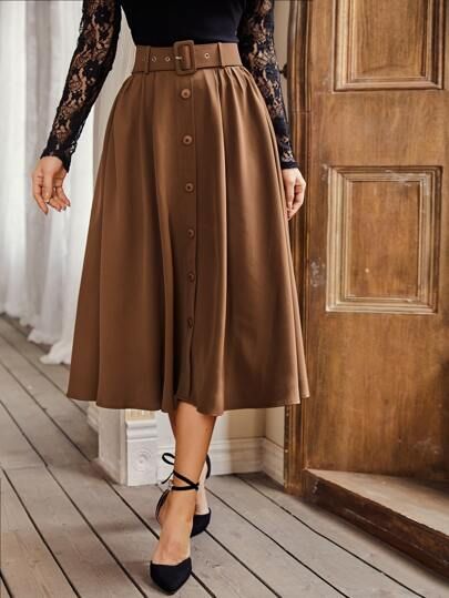 SHEIN Button Front Belted Flare Skirt | SHEIN Button Up Skirts Outfit, Flare Skirt Outfit, Brown Skirt Outfit, A Line Skirt Outfits, Long Brown Skirt, Denim Shorts Outfit, High Waist Long Skirt, Business Skirt, Stylish Short Dresses