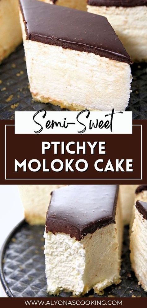 This Semi-Sweet Ptichye Moloko Cake is a delicious cake made with whipped sour cream that turns into a mousse for a jello-like cake. Making Bird’s Milk Cake isn’t too hard, and it’s topped with delicious chocolate ganache. Enjoy this cake with a cup of tea or for an after-dinner dessert. Birds Milk Cake Recipe, Jewish Desserts, Milk Cake Recipe, Milk Cake, Cake Making, Sweet Snacks Recipes, Delicious Cake, Baking Sweets, A Cup Of Tea