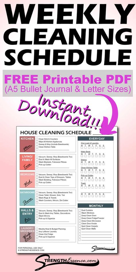 Do you need a daily, weekly & monthly house or apartment cleaning schedule with a checklist to help keep your home super organized? Then, look no further! This household cleaning schedule is perfect for home & apartments of all sizes! It comes in both letter & A5 bullet journal sizes and is in PDF template format. This is a FREE Printable INSTANT DOWNLOAD! #cleaningschedule #householdcleaningschedule #cleaningchecklist #weeklycleaningschedule #housecleaningschedule Housecleaning Schedule, Household Cleaning Checklist, Home Cleaning Schedule Printable, Free Printable Cleaning Schedule, House Cleaning Schedule, Household Cleaning Schedule, Monthly Cleaning Schedule, Free Printable Cleaning, Cleaning Schedule Templates