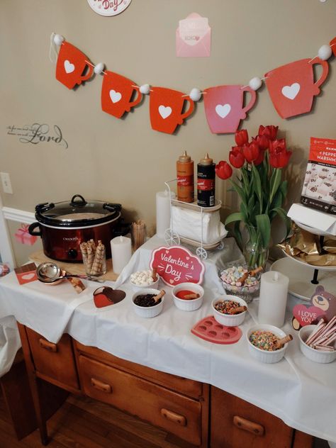 galentines day valentines day party hot chocolate bar party hot cocoa party ideas aesthetic Valentines Day Hot Chocolate Bar, Cocoa Party Ideas, Party Hot Chocolate Bar, Hot Chocolate Bar Party, Hot Cocoa Party, Hot Chocolate Party, Cocoa Party, Aesthetic Party, Hot Chocolate Bar