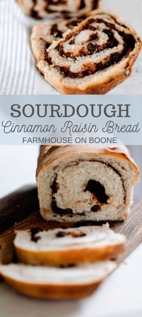 This sourdough cinnamon raisin bread is a fluffy sourdough bread with a swirl of cinnamon and raisins. The grains are fermented to give it that delicious tang and the added health benefits. It is the perfect snack or dessert. #farmhouseonboone #sourdough #sourdoughcinnamonraisinbread #sourdoughbread Sourdough Raisin Cinnamon Bread, Sourdough Raisin Bread Recipe, Fluffy Sourdough Bread, Sourdough Cinnamon Raisin Bread, Cinnamon Raisin Sourdough Bread, Cinnamon Raisin Sourdough, Sourdough Cinnamon Raisin, Soft White Bread, Recipe Using Sourdough Starter