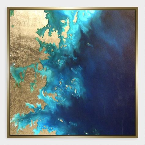 Sea Print, Land And Sea, Gold Leaf Art, Gold Water, Soyut Sanat Tabloları, Gold Leaf Painting, Tableau Art, Painted Leaves, Leaf Art