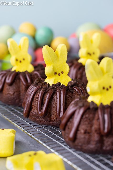 Bunny Bundt Cakes for Easter - Your Cup of Cake Baked Easter Treats, Peep Easter Desserts, Easter Peeps Cake, Easter Peep Cake Ideas, Easter Cake For Kids, Easter Desserts Bundt Cake, Easter Dessert With Peeps, Easter Mini Desserts, Easter Cakes Easy