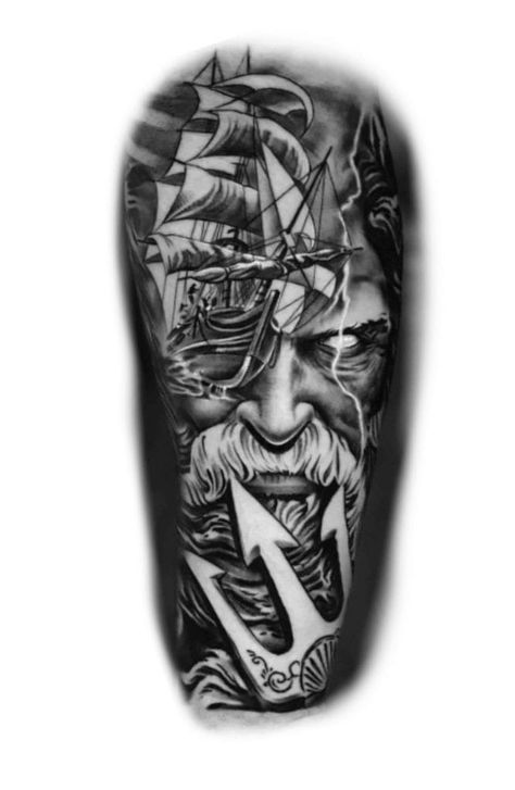 Warrior Half Sleeve Tattoo Men, Poseidon Tattoo Design Greek Mythology, Poseidon Tattoo Design, Zeus Tattoo Design, Vintage Nautical Tattoo, Realistic Tattoo Ideas, Ship Tattoo Sleeves, Calf Tattoo Ideas, Nautical Tattoo Sleeve