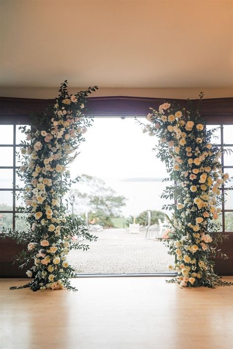 A decadent asymmetrical open arch adorned in crisp white florals and lux greenery. Open Arch Wedding, Reception Tent, Arch Wedding, New England Wedding, Pinch Me, White Florals, Maine Wedding, Ceremony Decor, England Wedding