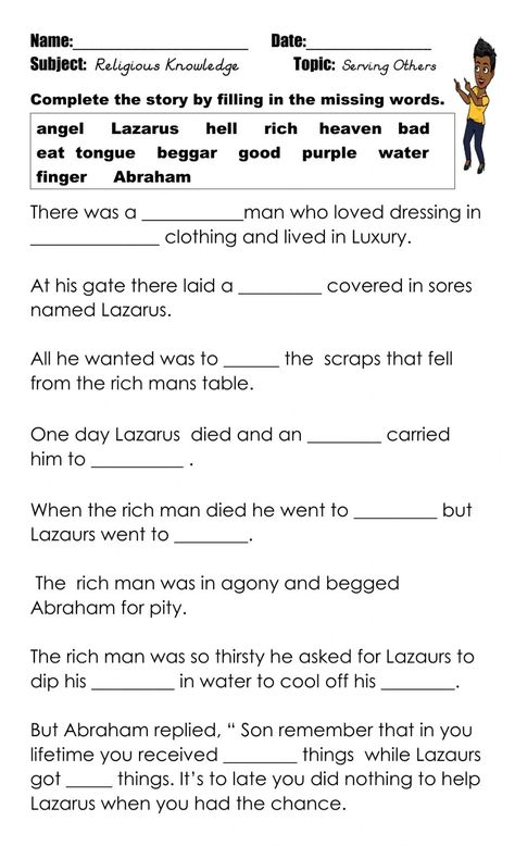 Lazarus And The Rich Man, The Rich Man And Lazarus, Rich Man And Lazarus, Bible Worksheets, Complete The Story, Sunday School Crafts For Kids, Man Crafts, Sunday School Activities, Serving Others