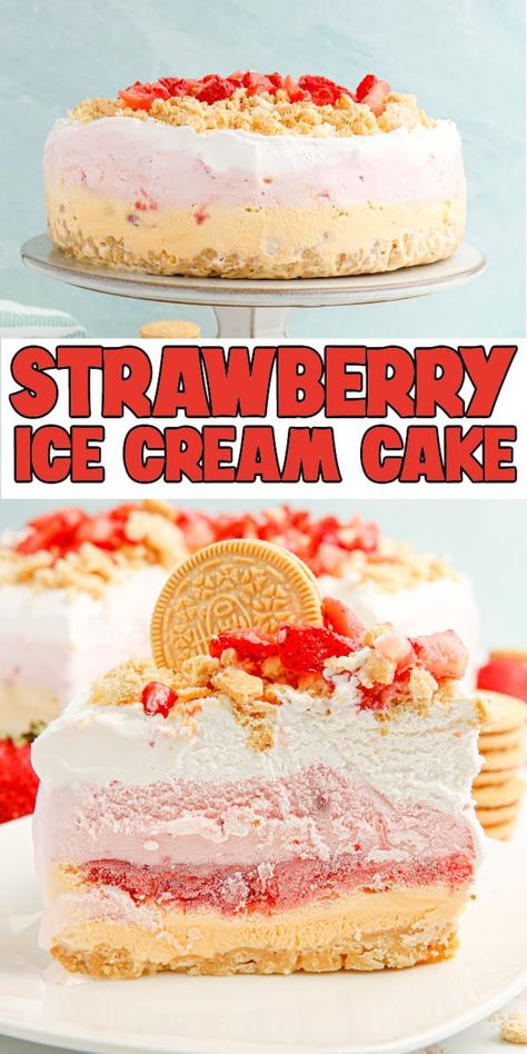 Diy Strawberry Birthday Cake, Vanilla Oreo Ice Cream Cake, Red White And Blue Ice Cream Cake, Strawberry Vanilla Ice Cream Cake, Ice Cream Cake Recipes Easy, Strawberry Ice Cream Cake Birthdays, Easy Ice Cream Cake Birthday, Vanilla Ice Cream Cake Birthdays, Strawberry Oreo Ice Cream