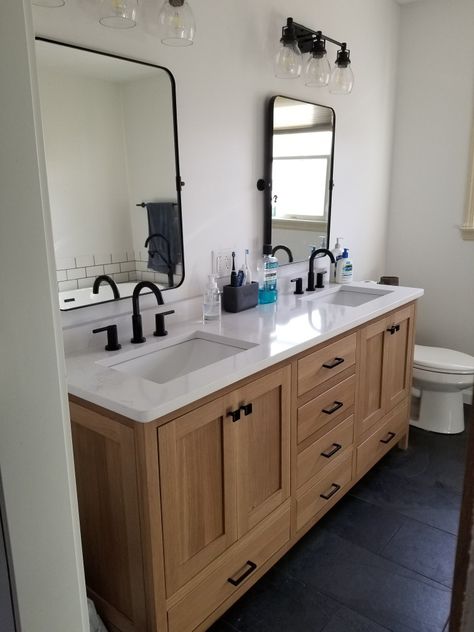 Primary Bathroom remodel using black slate tile, custom 72" riftsawn white oak vanity, silestone Calcutta gold quartz countertops and black hardware, faucets and lights. Oak Vanity Bathroom, White Oak Bathroom Vanity, White Oak Bathroom, White Oak Vanity, Slate Bathroom, Oak Bathroom Cabinets, Black Tile Bathrooms, Black Bathroom Hardware, Bathroom Vanity Ideas