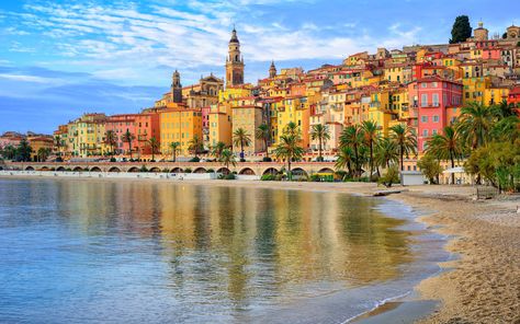 Menton city on Cote d’Azur French Riviera France sandy beach under the old colorful city Ultra HD Wallpaper for Desktop Tablet and Mobile Phones 5200×3250 #5K #wallpaper #hdwallpaper #desktop Menton France, العصور الوسطى, Colorful Places, One Day Trip, Jules Verne, Beaux Villages, Marmaris, Fall Travel, Medieval Town