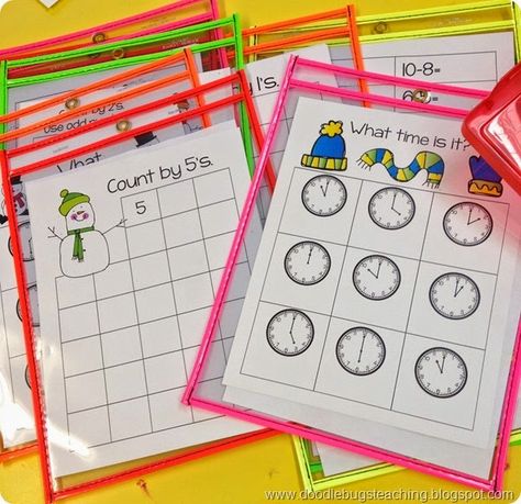 Winter Dry Erase Pocket Printables -44 sets of math sheets to slip into dry erase pockets. Perfect for early finishers or review or practice work. Telling time, counting, subtraction, addition, missing numbers and more. Counting In 5s, Doodle Bugs, Math Sheets, Independent Activities, Teaching First Grade, Word Activities, 1st Grade Math, Future Classroom, Math Centers