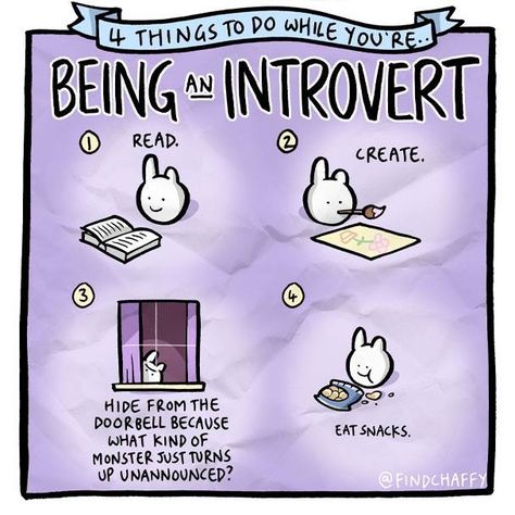 4 things to do while you're being an introvert. Read, create, hide from the doorbell because what kind of monster just turns up unannounced?, eat snacks. Introvert Activities, Introvert Personality, Introvert Problems, Introverts Unite, Introvert Quotes, Introvert Humor, Eat Snacks, Infj Personality, Bd Comics