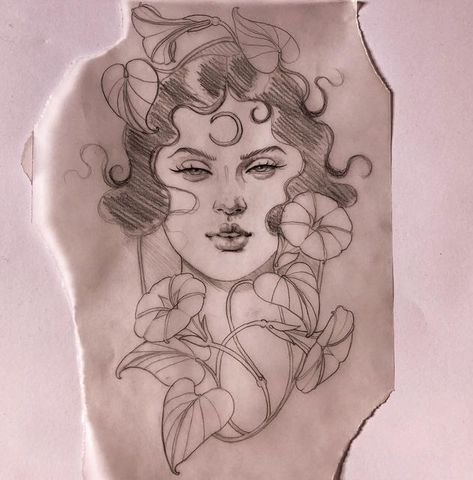 Art Nouveau Lady Tattoo, Art Nouveau Woman Tattoo, Flower Face Tattoo, Ayumi Kasai, Grape Tattoo, Hannah Flowers, Art Nouveau Woman, Nouveau Tattoo, Mucha Art