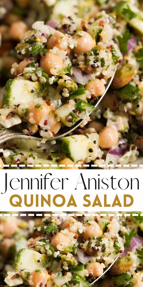 Jennifer Aniston’s Quinoa Salad took the internet by storm for good reason! Made with quinoa, garbanzo beans, feta cheese, pistachios, fresh herbs, and a simple lemon vinaigrette … this flavorful and crunchy salad is one of the best I’ve ever had. Packed with plant-based protein, fiber, and healthy fats … this lettuce-less salad is just as nutritious as it is delicious. Perfect for a healthy dinner, lunch, or meal prep! Best Quinoa Salad Recipes, Low Fat Salads, Garbanzo Beans Salad, Summer Pasta Dishes, Quinoa Recipes Easy, Gourmet Salad, Crunchy Salad, Quinoa Healthy, Quinoa Salad Recipes