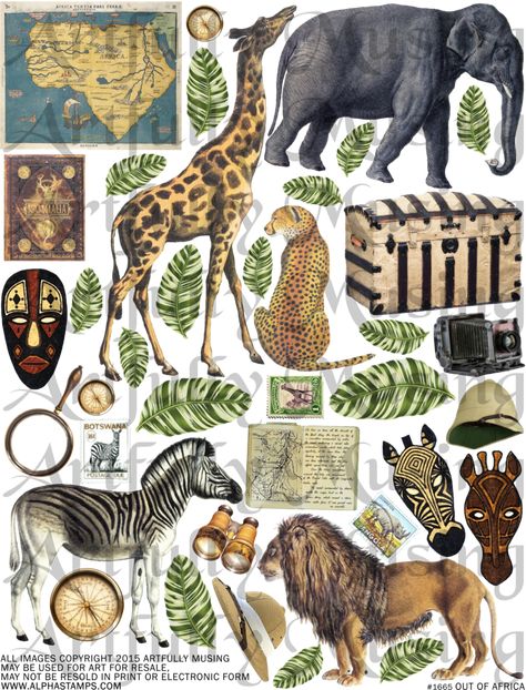 Artfully Musing: EXOTIC TIMES, PLACES & PEOPLE Safari Scrapbook Layouts, Africa Collage, Safari Scrapbook, Map Collage, Pith Helmet, Africa Animals, On Safari, Magical Book, Miniature Projects