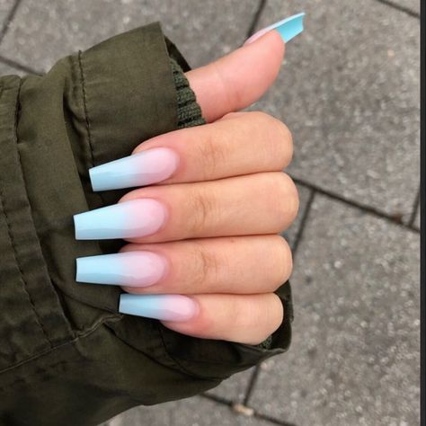 Baby Blue With Chrome Nails, Baby Blue Nails Ombre, Acrylic Nails Sky Blue, Milk Blue Nails, Blue Coffin Nail Ideas, Blue Baby Shower Nails, Pink Coffin Nail Designs, Icy Blue Nails, Powder Blue Nails