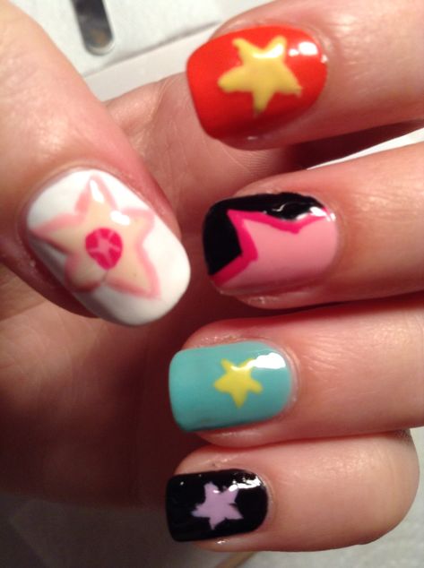 Steven Universe inspired nail art! Steven Universe Nails Art, Steven Universe Inspired Makeup, Steven Universe Inspired Nails, Nail Art Birthday Ideas, Steven Universe Nail Designs, Random Nail Art, Star Nails Colorful, Steven Universe Nail Art, Cartoon Inspired Nails