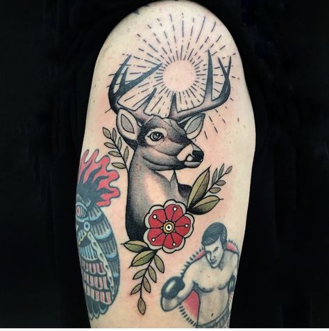 Stag Knee Tattoo, Neo Traditional Deer Skull Tattoo, Traditional Deer Head Tattoo, American Traditional Outdoors Tattoo, Deer Tattoo American Traditional, American Traditional Deer Skull Tattoo, Traditional Buck Tattoo, Feminine Hunting Tattoos, Buck And Doe Tattoo