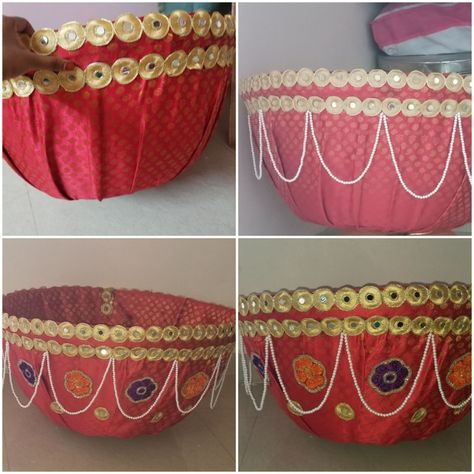 Pelli Butta Designs, Pelli Butta Decoration Ideas, Pelli Butta Decoration, Seemantham Decoration, Thali Cover, Tin Decorations, Kalash Decoration, Coconut Decoration, Indian Wedding Gifts