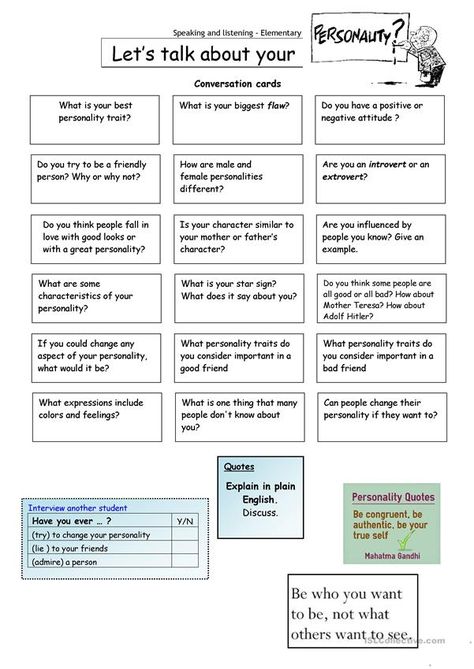 Personality Worksheet, Speaking Activities English, English Grammar Worksheets, Conversation Topics, Conversation Cards, Esl Lessons, Speaking Activities, Conversational English, English Teaching