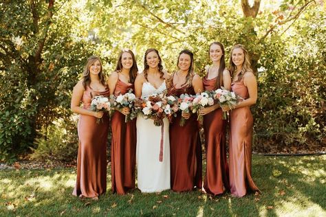 Terracotta Dresses, Terracotta Bridesmaid Dresses, Boho Autumn Wedding, College Sweethearts, Fall Wedding Bridesmaids, Boho Autumn, Rusting Wedding, Fall Bridesmaids, Cal Poly