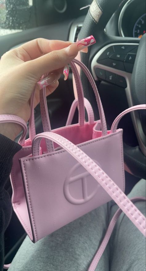 Pink mini Telfar bag - Pink nails for summer - Barbiecore aesthetic #pink #nails #pinknails #nailinspo #nailsideas #telfar #minitelfar #pinktelfar #bag #handbag #telfarbag #barbie #barbiecore #outfit #idea #ootd #wiwt #luxury #fashion #aesthetic #girl #style #pinterest #photo Mini Telfar Bag, Pink Nails For Summer, Luxury Fashion Aesthetic, Aesthetic Pink Nails, Barbiecore Outfit, Barbiecore Aesthetic, Telfar Bag, Nails For Summer, Aesthetic Bag