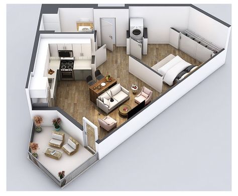 Triangle Studio Apartment Layout, Trapezoid Room Layout, Small Apartment Plans, 30x40 House Plans, Dorm Design, Casas The Sims 4, Studio Apartment Layout, Sims House Plans, House Layout Plans