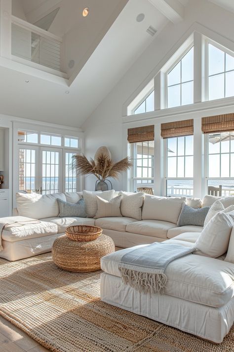 Summer Home Interior, Summer Beach House Interior, Houses Near The Beach, House Coastal, Costal Beach Aesthetic House, Cute Lake House, Waterfront Home Interior Design, Summer House Living Room, Coastal Grandaughter House