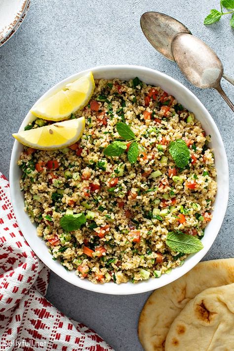 This easy Tabbouleh salad recipe is made with bulgur wheat, fresh herbs, tomatoes, cucumber, and lemon juice. It's so simple and wonderful, with bright and fresh flavors! Serve as a side or on its own. Healthy, vegetarian, light, and great for summer or year round! Salad For Potluck, Chicken Hummus, Tabbouleh Salad Recipe, Tabouli Salad, Low Calorie Salad, Tabbouleh Recipe, Bulgar Wheat, Bulgur Wheat, Beet Salad Recipes