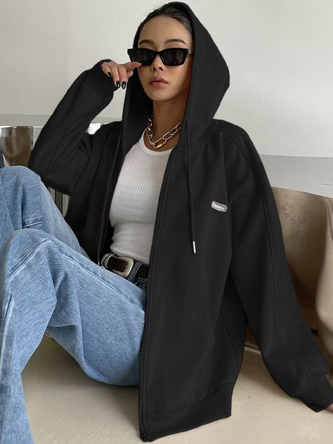 Zip Up Hoodie Outfit Women, Hoodie Zip Outfit, Black Zip Up Hoodie Outfit, Zip Up Hoodie Outfit, Black Zip Up Hoodie, Black Zip Hoodie, Outfit Hoodie, Lined Hoodie, Fabric Letters