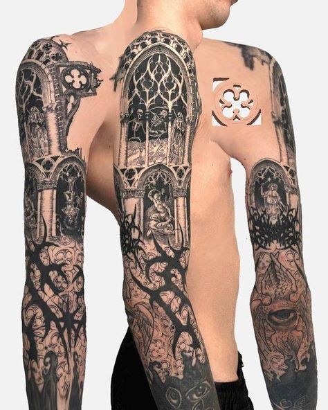 Tattoo Sleeve Alternative, Medevil Tattoo Sleeve, Gothic Backpiece Tattoo, Gothic Biblical Tattoo, Back Gothic Tattoo, Big Gothic Tattoo, Dark Half Sleeve Tattoo, Cathedral Arm Tattoo, Gothic Full Sleeve Tattoos