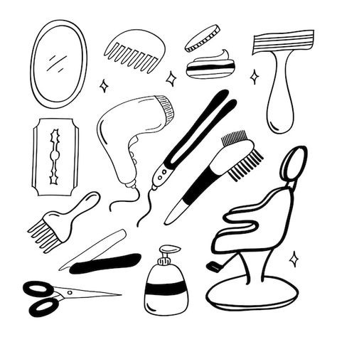 Hair Salon Drawing, Barber Shop Drawing, Barber Doodle, Barber Tools Drawing, Salon Drawing, Hair Salon Clipart, Nail Care Tools And Equipment Drawing, Hairdresser Tools, Hairdressing Equipment