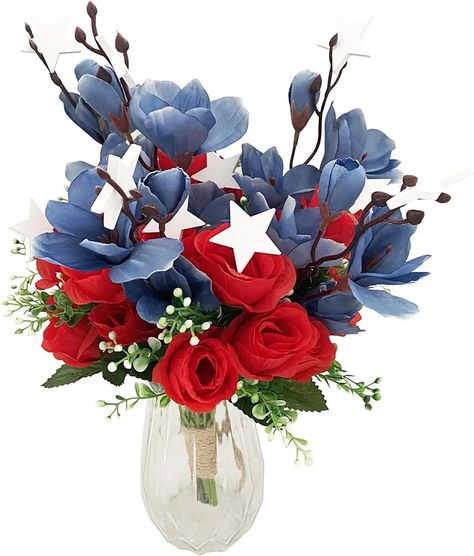 4th Of July Flowers, Patriotic Flowers, July Flowers, Centerpiece Home, Independence Day Decoration, Roses Blue, Unique Bouquet, Cemetery Flowers, July Decor