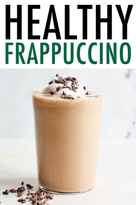 This healthy Frappuccino is made with cold brew coffee, protein powder, cacao powder, dates and almond milk. Cool, creamy, delicious and perfect for breakfast or as a mid-afternoon pick-me-up. Protein Powder Coffee, Healthy Coffee Drinks, Coffee Protein Smoothie, Coffee Recipe Healthy, Mocha Smoothie, Homemade Frappuccino, Coffee Protein Shake, Frappe Recipe, Frappuccino Recipe