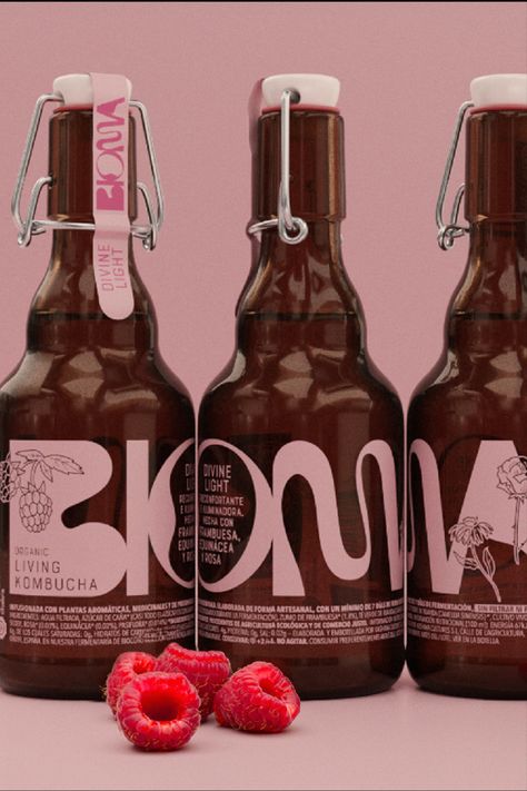 Kombucha design is on fire lately, and brands have been getting super ambitious with can design, typography, and interesting flavors. We're seeing tons of impressive stuff in the field lately, but Spain's Bioma stood out right away for their old-fashioned pop open bottles and colorful matte typography. Bottled Food Packaging, Cool Product Packaging, Cool Liquor Bottles, Beverage Branding Design, Product Label Design Ideas, Product Marketing Design, Juice Bottle Design, Kombucha Design, Kombucha Branding