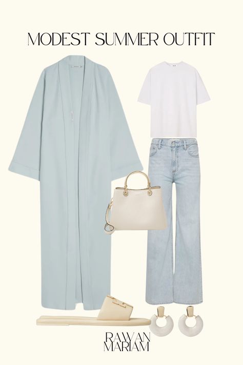 perfect baby blue abaya spring summer modest  outfit that’s hijabi friendly perfect for going out, holidays, and college Baby Blue Outfit Hijab, Abaya Outfit Ideas, Blue Handbag Outfit, Blue Denim Jeans Outfit, Abaya Outfits, Light Blue Jeans Outfit, Baby Blue Outfit, Blue Abaya, Cream Handbag