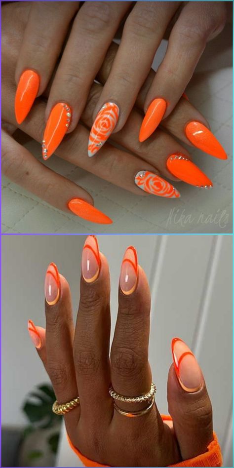 Orange spring nails in bright shades are a must-try this season. Experiment with 2024 gel colors that blend orange with hints of pink and blue for a unique, trendy look. Simple yet striking art designs add a modern edge to these acrylic nails, perfect for those seeking a colorful break this spring. Color Blocked Nails, Orange Nail Designs Summer, Bright Orange Nails, Color Block Nails, Orange Nail Designs, Coral Nails, Cute Spring Nails, Pretty Nail Art Designs, Dope Nail Designs