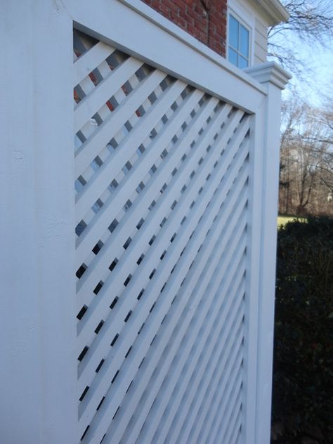 Cedar Lattice Screens and Enclosures - Bridgeport - by West Hartford Fence Co., LLC | Houzz Latice Fence, Trash Can Covers, Lattice Screen, Square Lattice, Outdoor Trash Cans, Recycle Cans, Ac Units, Recycle Trash, Square Pattern