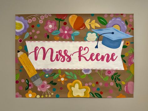 Teacher Classroom banner, floral name banner Custom Handpainted Sign Standard Size Options : 3 feet tall by 4-8 feet long (depending on option chosen).  By request- 2 feet tall by 4-8 feet long (depending on option chosen These are painted on high quality banner paper.  Please include the following in the personalization details: Wording Theme of the event, specific banner requests color choices for paint font type (script, handwritten, etc.) Event Date I'll email a digital mock up of your banner for final proof before painting. Please view current turn around times before placing your order. All rush orders must be approved and require the "rush my order" add on. https://jonespartydesigns.etsy.com/listing/1335499853/rush-my-order Frequently Asked Questions about Our Custom Banners Q: How Teacher Banner Classroom Decor, Hand Painted Banner Ideas, Hand Painted Banner, Teacher Classroom Sign, Painted Banner, Back To School Banner, Teacher Party, Palette Painting, Teacher Themes