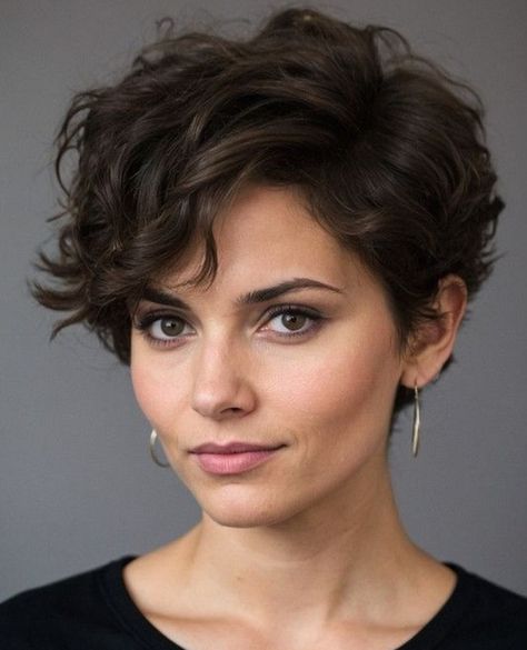 "bixie" Haircut Wavy Hair, Short Curly Wedge Hairstyles, Curly Pixie Bob Haircut, Wavy Pixie Cut Round Face, Wavy Perm Short Hair, Short Thick Wavy Hair, Wavy Pixie Cut, Short Wavy Haircuts, Curly Pixie Hairstyles