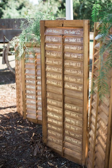 wooden shutter seating assignment display Shutter Seating Chart Wedding, Everything For A Reason, Diy French Doors, Shutter Table, Wedding Decisions, Table Seating Chart, Chart Ideas, Seating Sign, Wooden Shutters