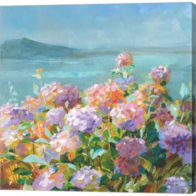 Beach Hydrangeas by Danhui Nai is a high quality piece of canvas artwork. The finished size of this piece is 24" X 24", and it has a depth 1.5". There is a UV protective coating over the entire image, and it is ready to hang on your wall with a standard drywall screw (not included). Hand made in the USA. 100% Satisfaction Guaranteed. Red Barrel Studio® | Red Barrel Studio® Beach Hydrangeas Wall Decor 24.0 H x 24.0 W x 1.5 D in green / indigoCanvas in Green;orange;purple | 24" H X 24" W | Wayfair Honors Art Projects, Vintage Coastal Art, Psychological Paintings, Big Art Pieces, Dorm Artwork, Hydrangea Aesthetic, Colorful Beach House Decor, Hydrangea Artwork, Hydrangea Wall Art