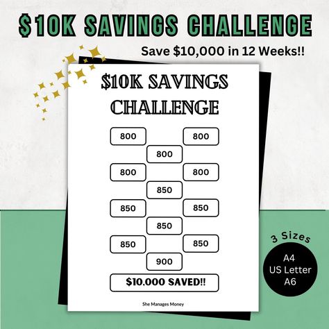 10,000 Savings Challenge  | Save 10K in 12 Weeks, 12 Months Savings Challenge |  Money Savings Tracker | A4, A6, US Letter Budget Planner Start Saving, Saving Goals, Savings Tracker, Savings Challenge, Financial Goals, Budget Planner, Template Printable, Saving Money, Budgeting