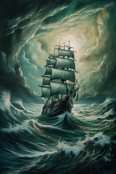 Ship Maneuvers Ghost Ship Art, Pirate Ship Art, Navi A Vela, Sea Storm, Old Sailing Ships, Ship Tattoo, Ghost Ship, Ship Drawing, Ship Paintings