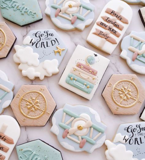 Airplane Baby Shower Theme, Airplane Cookies, Train Cookies, Kids Party Inspiration, Baby First Birthday Themes, Travel Baby Showers, Airplane Baby Shower, Royal Iced Cookies, Adventure Baby Shower