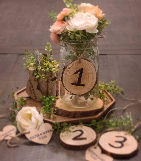 Gold Mason Jars Centerpieces, Wood Table Numbers Wedding, Wooden Table Numbers Wedding, Table Numbers Wedding Diy, Christmas Candle Centerpiece, Romantic Centerpieces, Gold Mason Jars, Table Numbers Wedding Rustic, Wood Table Numbers