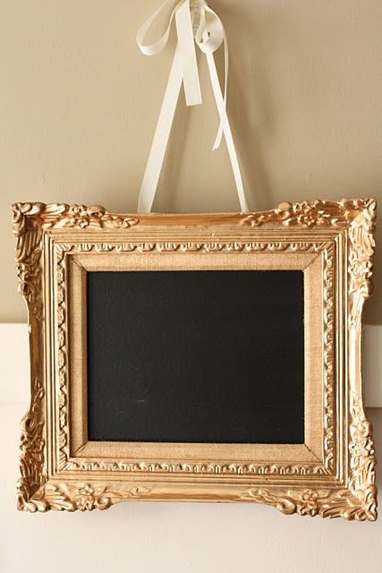 DIY 5 minute chalkboard frame. I really like the gold frame and white ribbon combination Chalkboard Pictures, Yellow Cape Cod, Online Design Services, Black Board, Gold Spray Paint, Framed Chalkboard, Chalkboard Paint, Old Frames, Ornate Frame