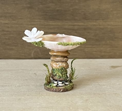 Fairy Garden House Accessories Collection :  A collection of the basic Fairy Garden Accessories essential for every fairy garden house and/or fairy garden shelf collection.  Furnish & accessorize your fairy garden house with our handcrafted, detailed, uniquely-designed pieces.  FAIRY GARDEN MINI BIRD BATH - ADD REAL WATER INTO THE BIRD BATH SEASHELL BASIN 1 Total Pieces  SET INCLUDES : 1 Bird Bath PLEASE NOTE :  Set Pieces May Come In Various Designs, Colors & Sizes Depending On Inventory Materi Miniature Fairy Furniture, How To Make A Fairy House, Beach Fairy Garden Ideas, Fairy Furniture Diy, Fae Crafts, Fairy Shelf, Shell Creatures, Fairy Garden Aesthetic, Fairy Garden Outdoor