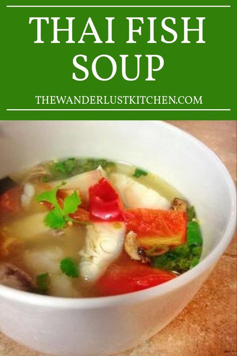 In just 20 minutes, whisk yourself away to Thailand with our Thai Fish Soup recipe! Packed with mushrooms, tomatoes, onions, and vibrant spices, it's a quick, mouth-watering escape. Thai Fish Soup Recipe, Thai Fish Soup, Fish Soup Recipe, Thai Peppers, Thai Fish, Fish Soup, Thai Basil, Inspired Recipes, Fish Sauce