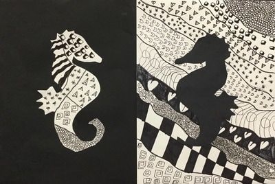 Positive and Negative Space Zentangle Compositions - NEWTON BATEMAN ELEMENTARY SCHOOL Space Zentangle, Art Rubric, Contemporary Art Forms, Notan Art, Negative Space Art, Positive And Negative Space, 7th Grade Art, Middle School Art Projects, Art Lessons Middle School